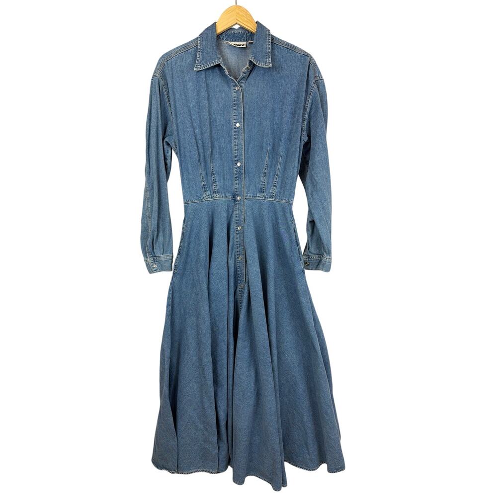 Vintage DKNY Blue Denim Long Sleeve Button Up Maxi Duster Dress 10 MED